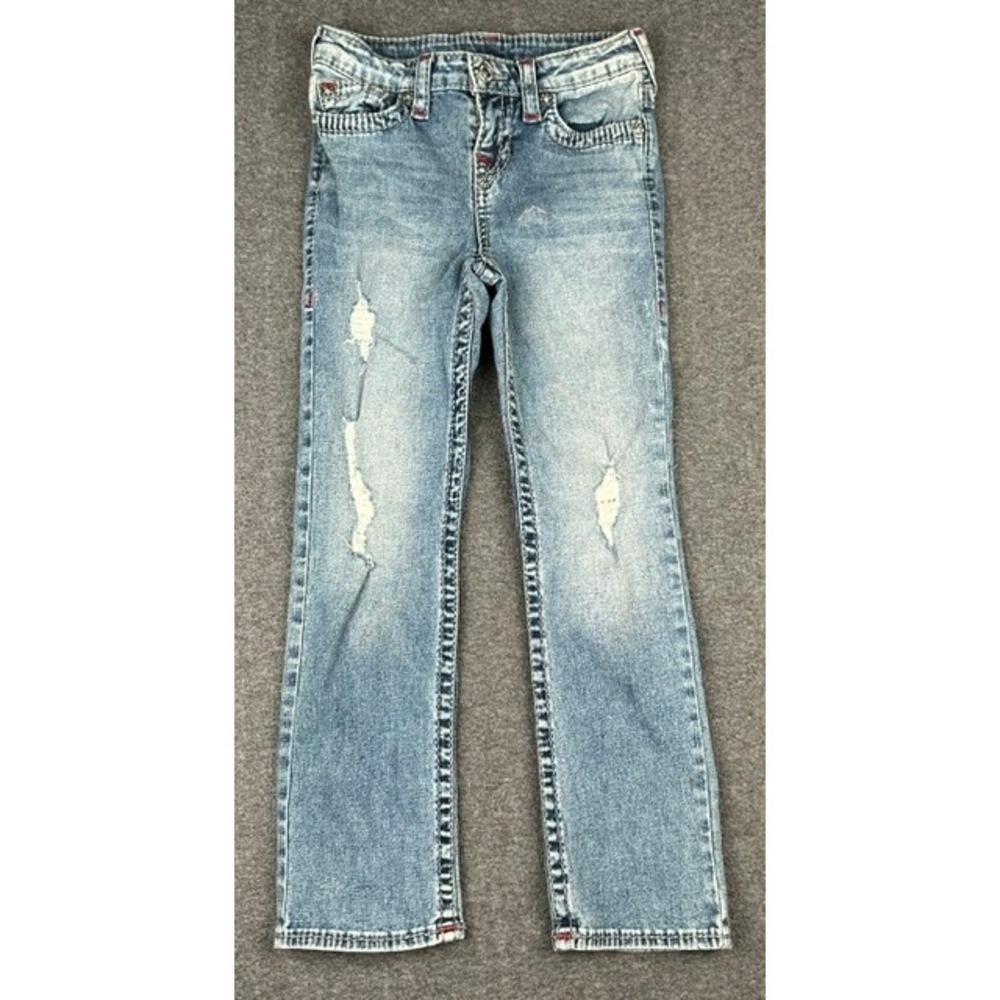 True Religion Boys Size 7 Straight Leg Distressed Jeans Light Wash Adjustable